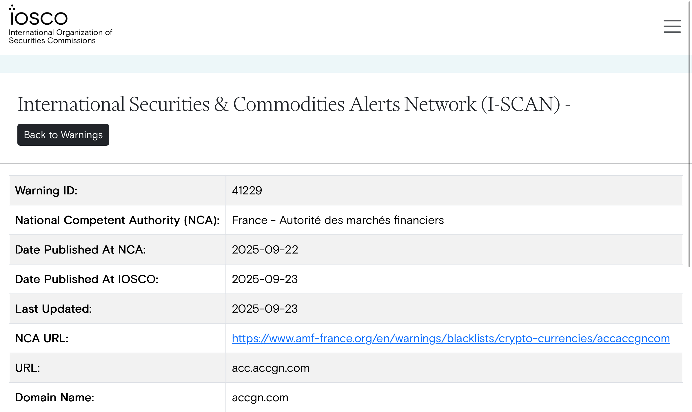 AMF/IOSCO listing for acc.accgn.net warning