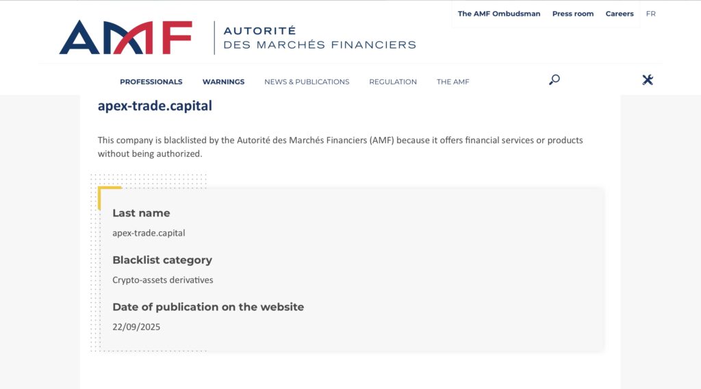 AMF warning unauthorized Apex-trade.capital